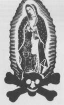 Zapatisten Banner: totenkopfverzierte Jungfrau von Guadalupe